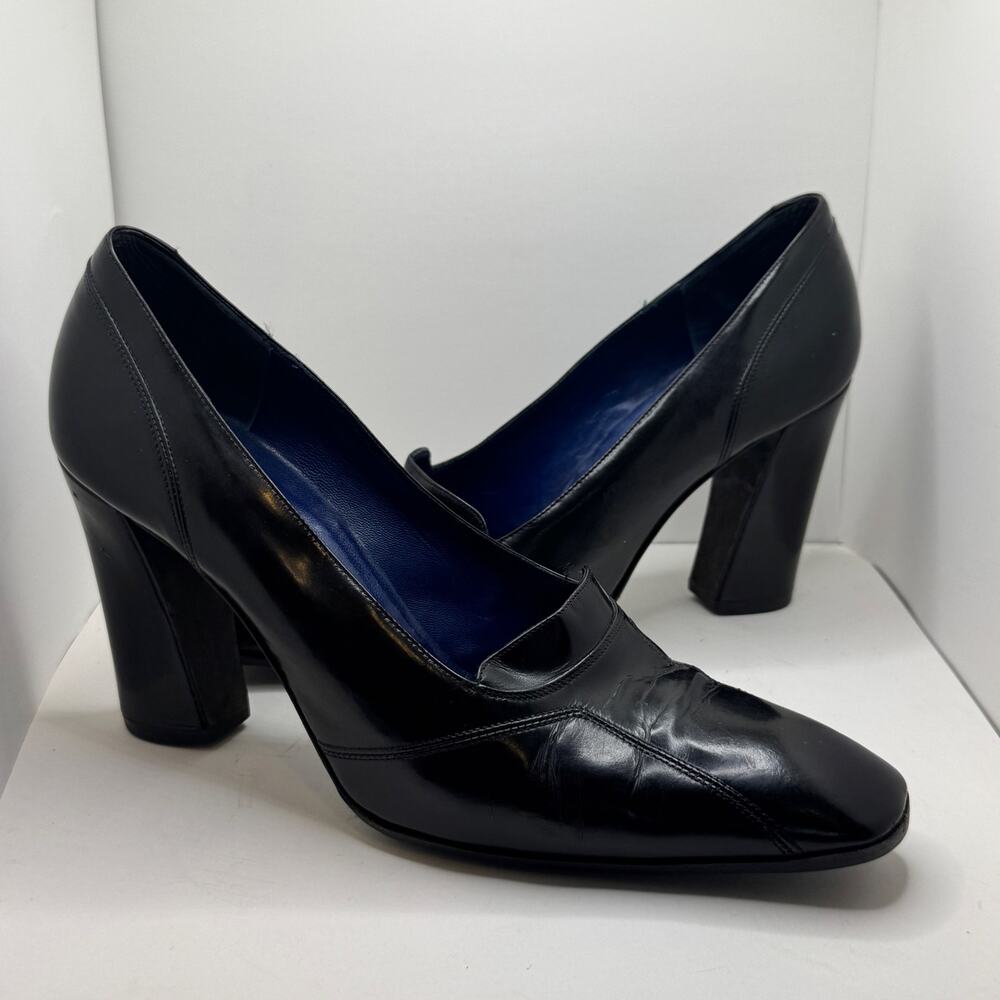 Donna Karan New York Vintage 90s Black Leather Square Toe Block heels Italy 7.5